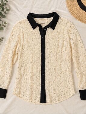 Anthropologie Vanessa Virginia Lace Blouse Black & Ivory Button Down US 12